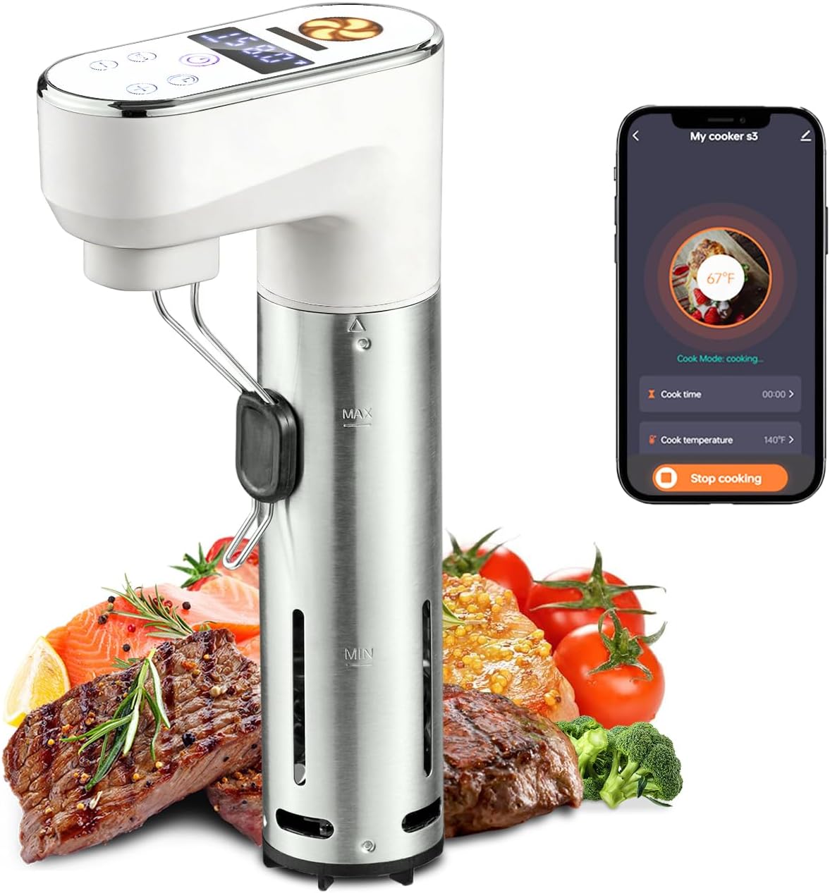 Sous Vide Immersion - หม้อปรุงอาหารซูวีด์อัจฉริยะ WiFi 1300W, เครื่องหมุนเวียนน้ำแบบจุ่ม, ควบคุมอุณหภูมิและระดับน้ำได้อย่างแม่นยำ, กันน้ำระดับ